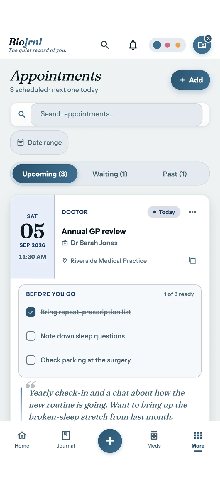 The Biojrnl Appointments screen: upcoming, waiting and past, an annual GP review today with a before-you-go checklist and a note